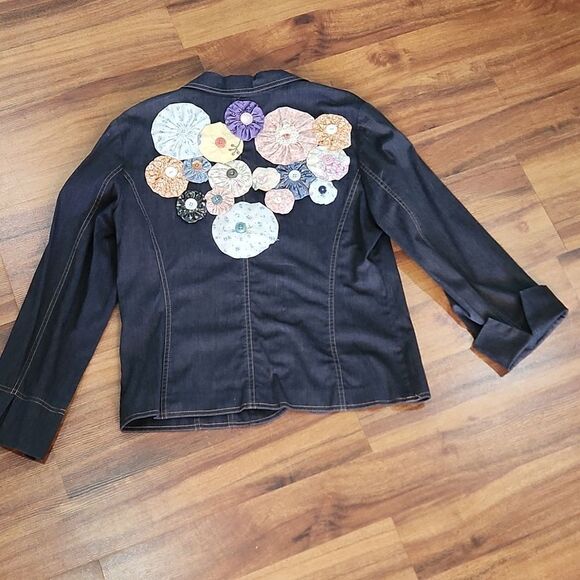 Vintage Lightweight Dark Denim Stretch Upcycled Statement Blazer Jacket - Picture 9 of 9